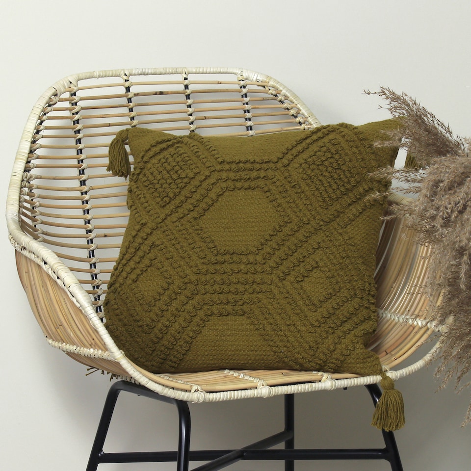 image 1 of Furn Halmo Woven Tasselled Cushion, Moss, 45 x 45cm