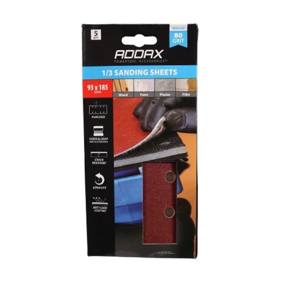 image 1 of Timco - 1/3 Sanding Sheets - 80 Grit - Red - Punched (Size 93 x 185mm - 5 Pieces)