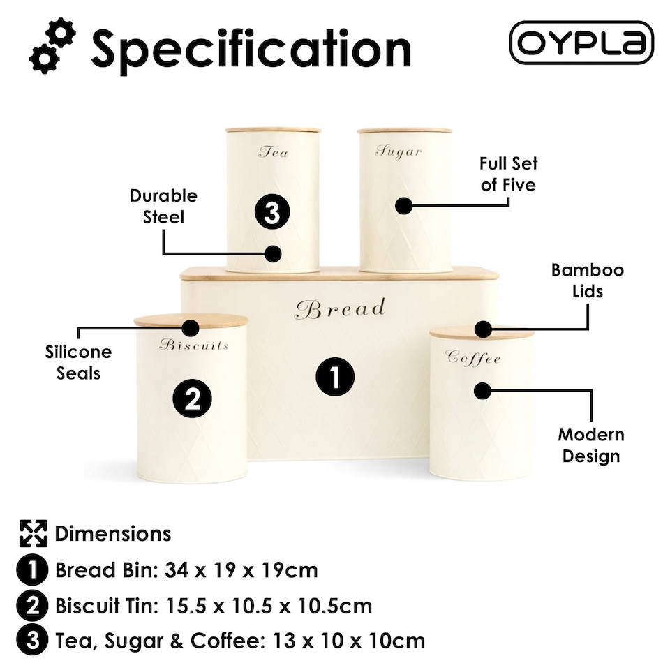 image 1 of 5pc Cream Bamboo Lid Kitchen Canister Set Bread Biscuits Tea Sugar Coffee