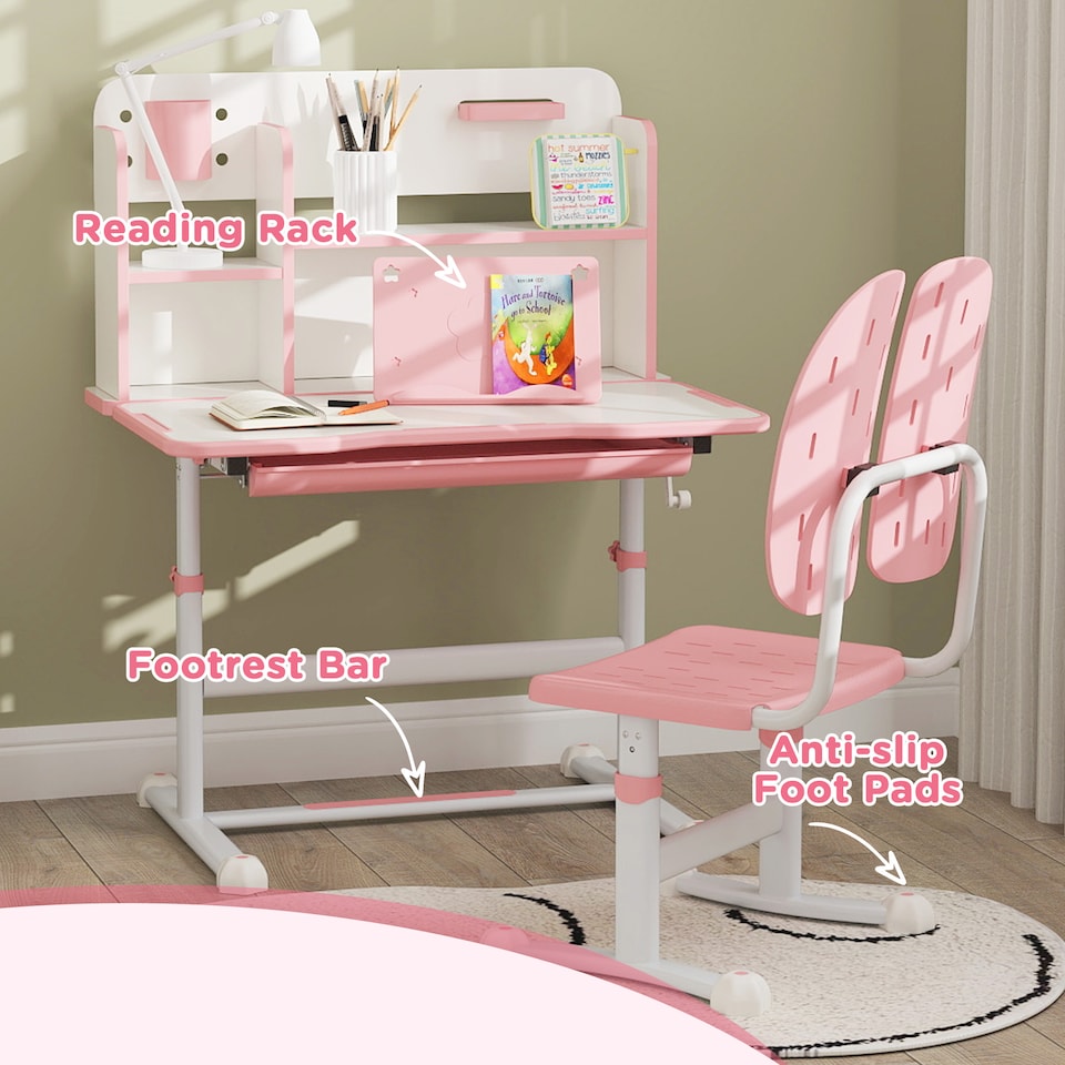 image 1 of AIYAPLAY Kids Desk and Chair Set w/ Tiltable Desktop, Reading Rack, Pink