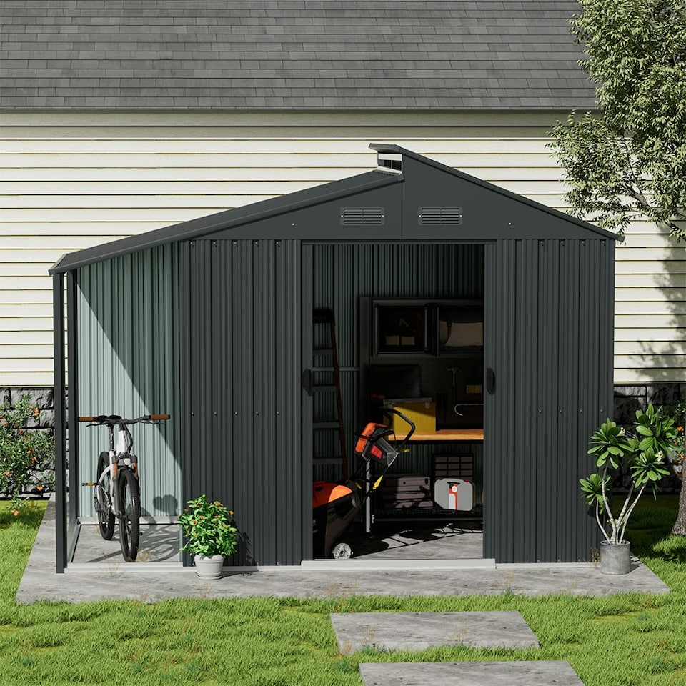 image 1 of Living and Home Galvanized Steel Storage Shed with skillion and lean-to roof