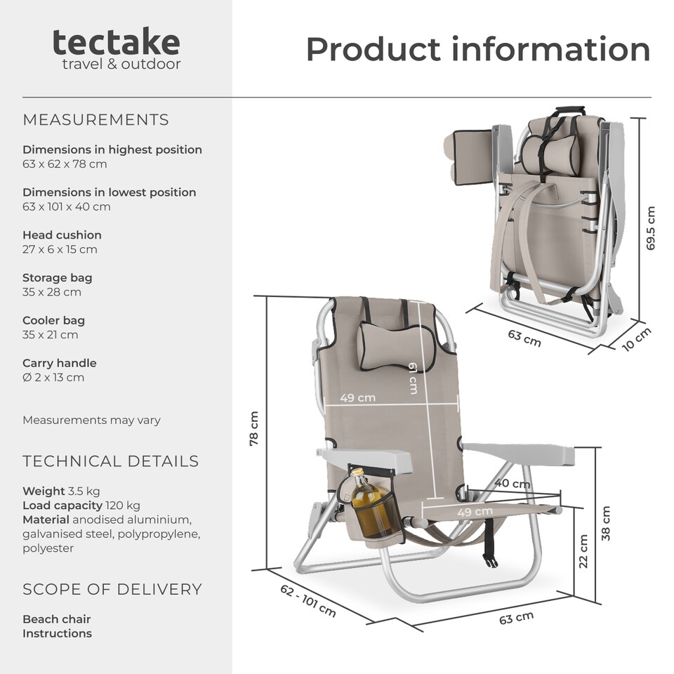 image 1 of Coral aluminum beach chair, foldable with backpack function | Cream | beige | 1