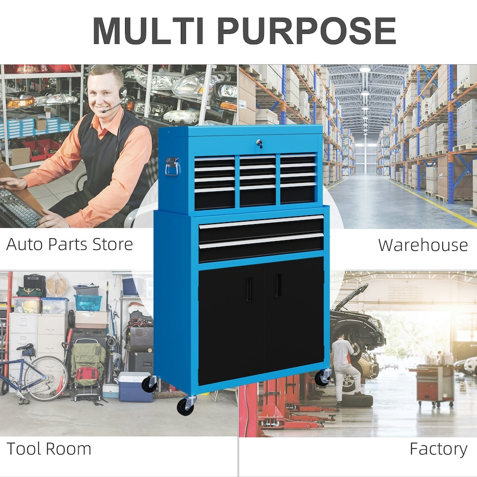 image 1 of HOMCOM Top Chest and Roller Cabinet Combo Metal Tool Cabinet on Wheels Blue Blue | Black