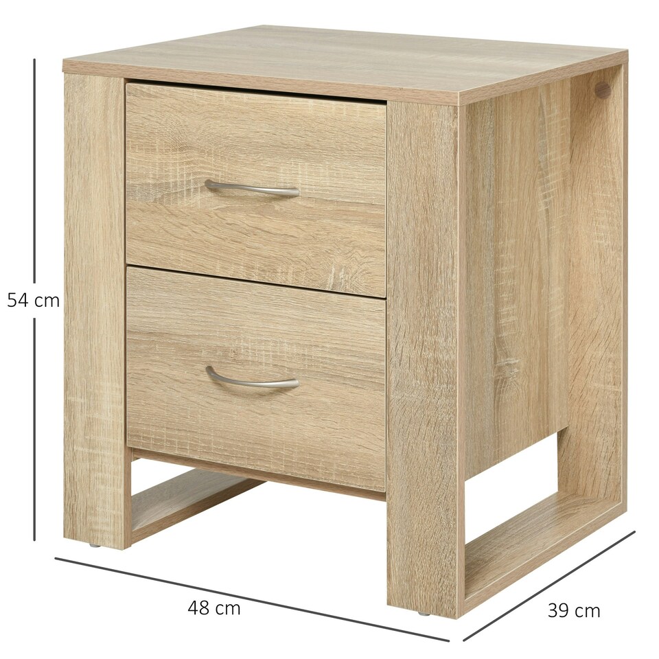 image 1 of HOMCOM 2 Drawer Boxy Bedside Table w/ Handles Elevated Base Oak Brown