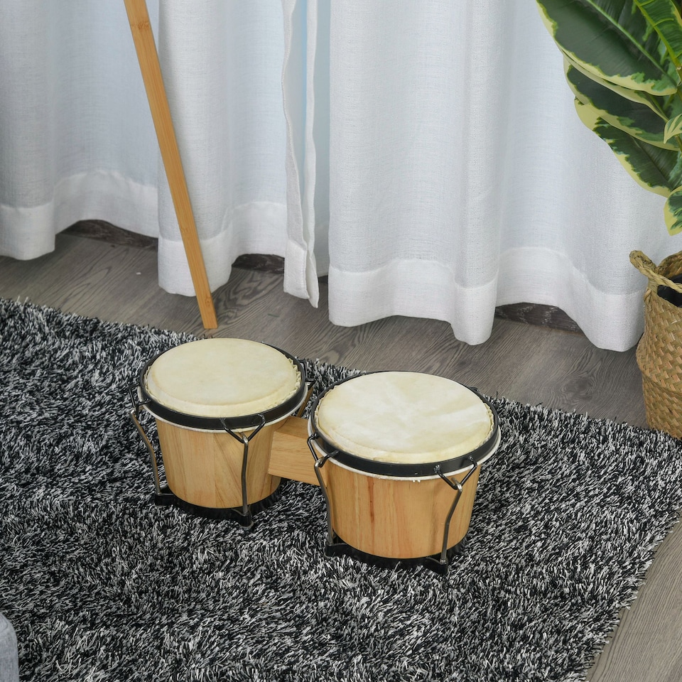 image 1 of HOMCOM Wooden Bongo Drum, Percussion Instrument, Drums, Tuning Wrench For Adults Beginners