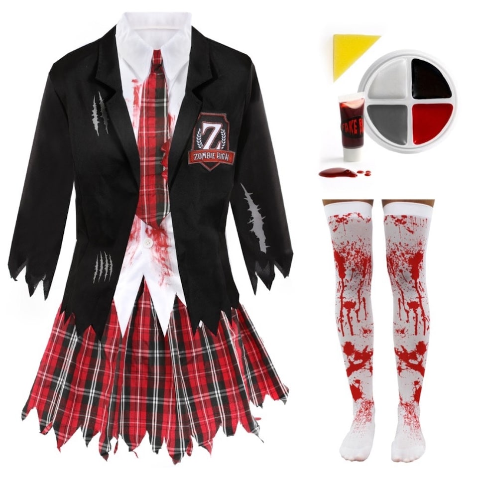 image 1 of Zombie Schoolgirl Costume With Stockings, Facepaint & Blood | Multi | XS