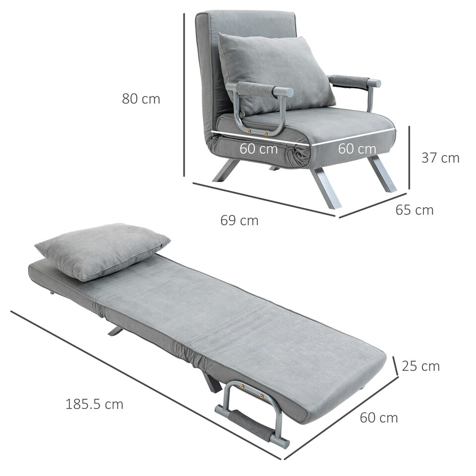 image 1 of HOMCOM Sofa Bed Foldable Portable Sleeper Lounge w/ Pillow Light Grey
