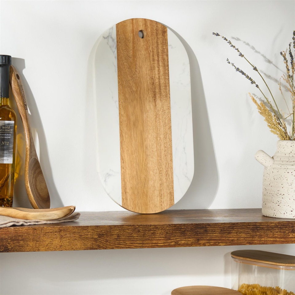 image 1 of OHS Acacia Wood Marble Effect Serving Board Cheese Platter Boards | Cream | Marble