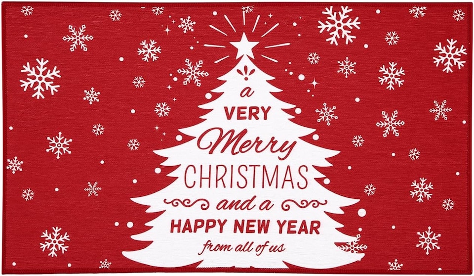 image 1 of London Boutique Christmas Doormat with Christmas Tree and Snowflake Design, Non-Slip Washable Entrance Mat, Red, 40 x 80 cm