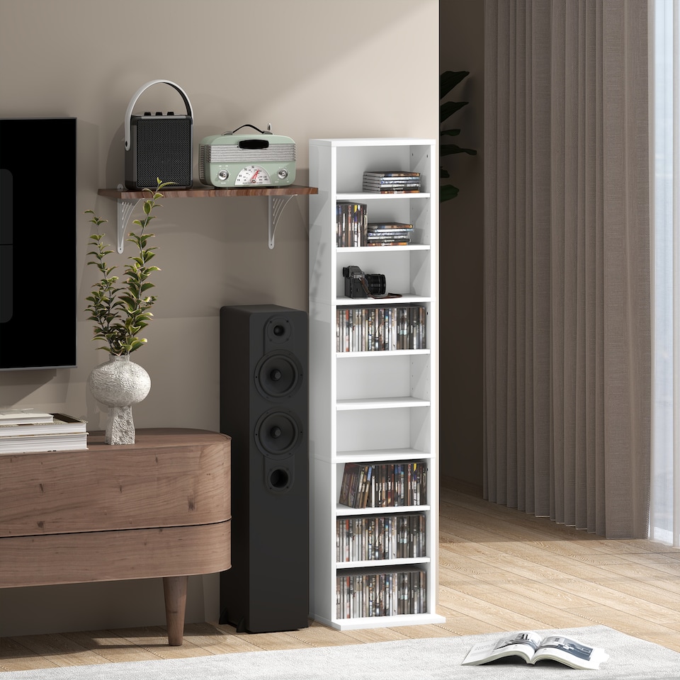 image 1 of HOMCOM 260 CD120 DVD Storage Unit, Blu-ray Media Storage Shelf with 9 Compartments and 6 Adjustable Shelves, CD Tower for Living Room, Bedroom, Office, White | White