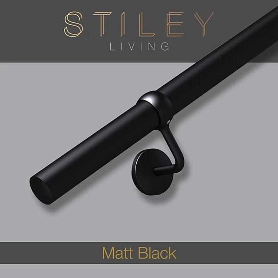 image 1 of Stiley Living 3.6m Matt Black Wall-Mounted Stair Handrail Kit with Brackets & Fixings