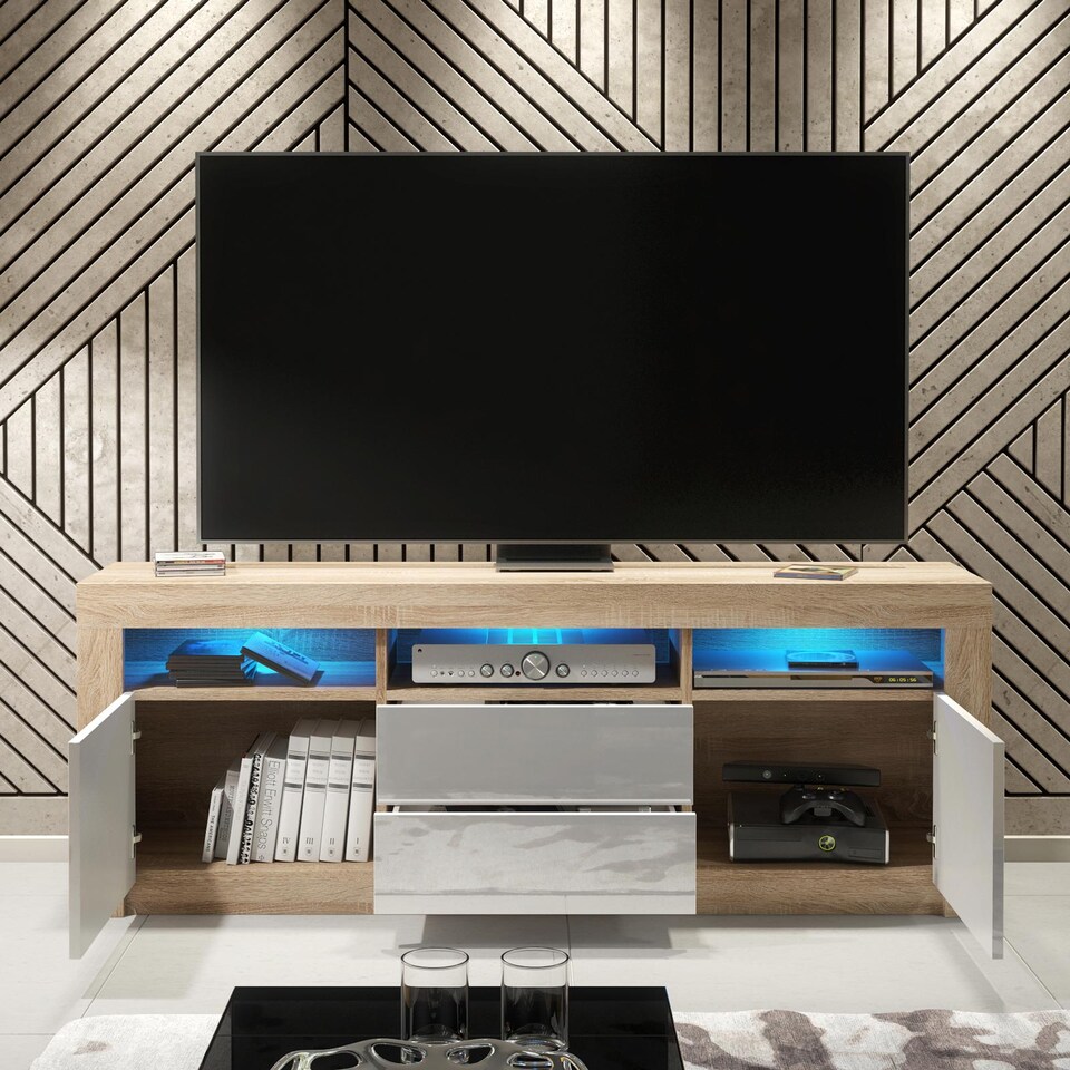 image 1 of TV Unit TV Stand Cabinet Sideboard Oak White High Gloss Doors Free LED 160cm