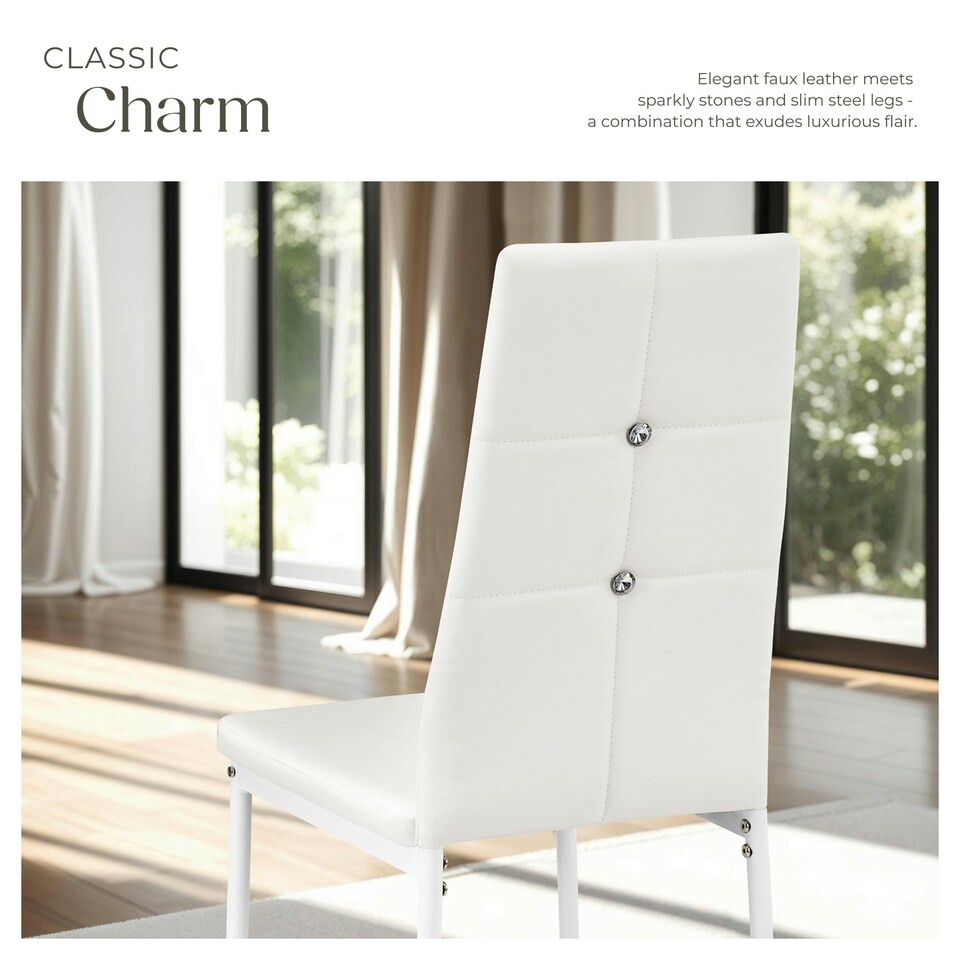 image 1 of Dining Chair Set - high backrest, slim steel legs & rhinestone highlights - Set of 8 White