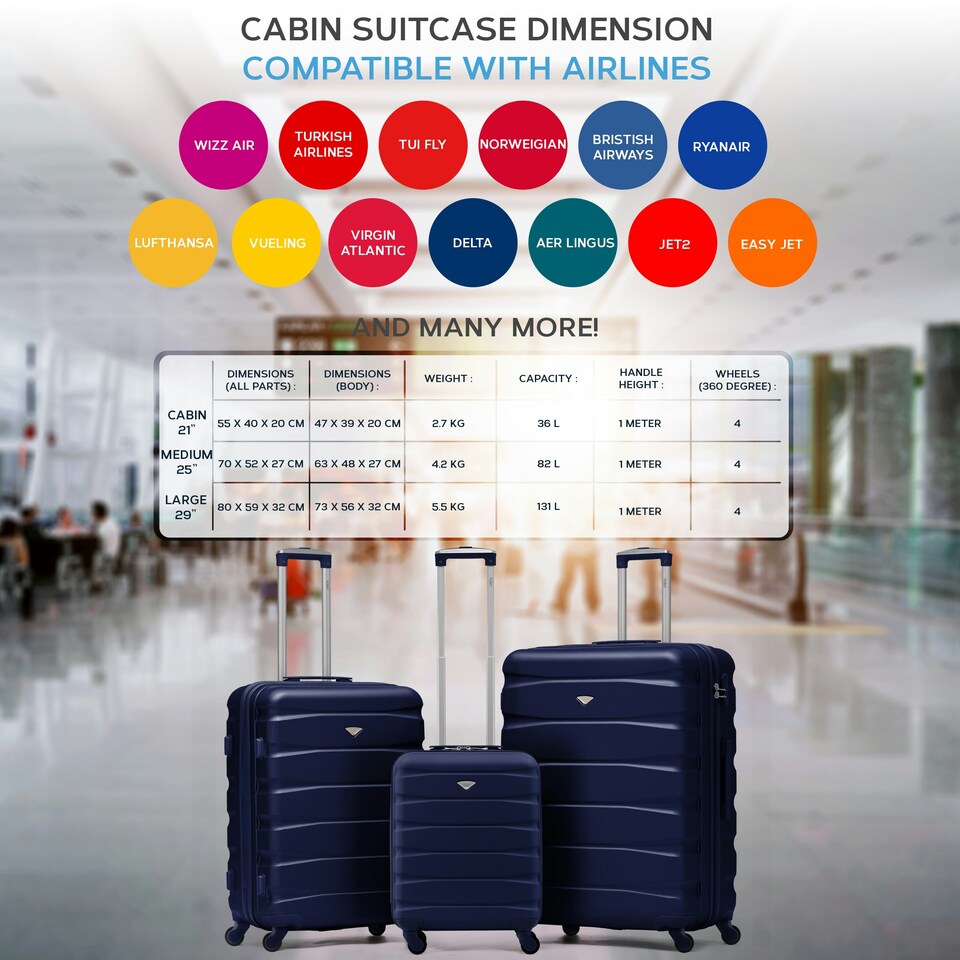 image 1 of Flight Knight Suitcase Set, Large Suitcase, Extra Large Suitcase, Cabin Suitcase 55x40x20cm - 60+ Airlines Approved - EasyJet, Jet2, Ryanair Priority Carry On | Blue | Navy | Large