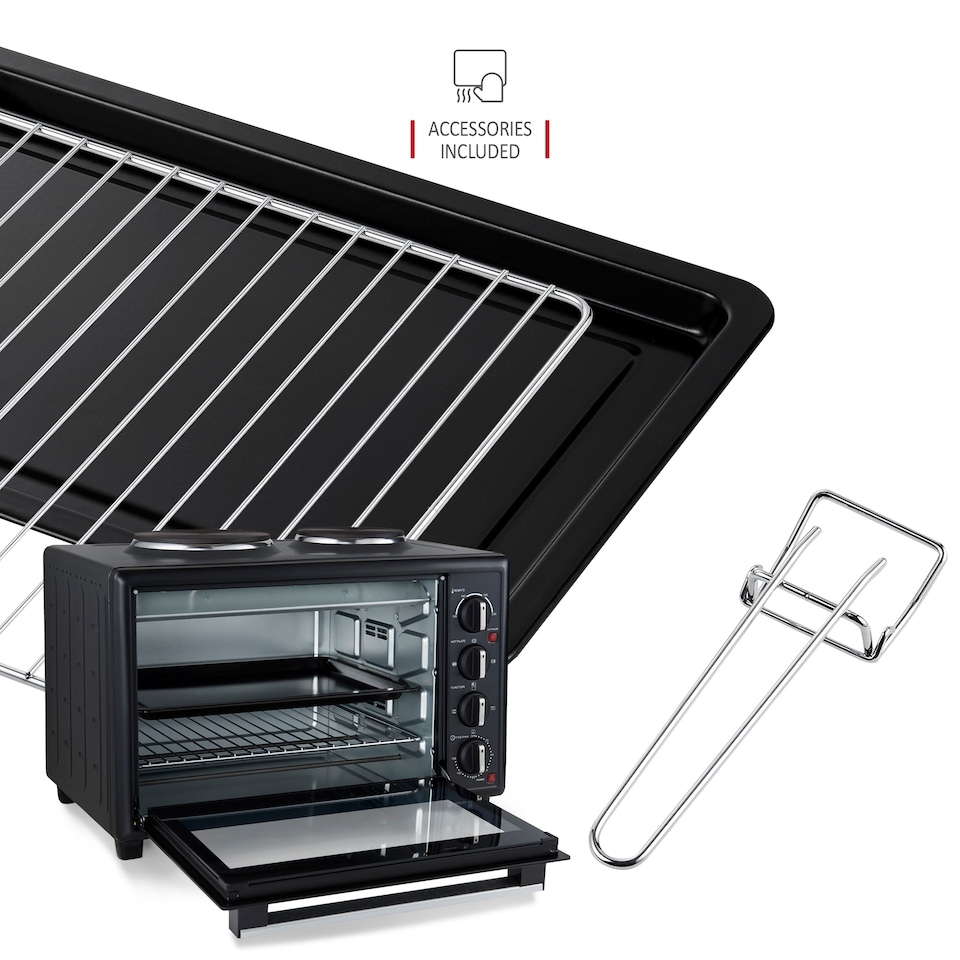 image 1 of NETTA 45L Electric Mini Oven with Double Hotplate, Grill, Adjustable Temperature and 120‑Minute Timer - 2850W