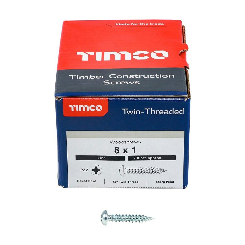 image 1 of Timco - Twin-Threaded Woodscrews - PZ - Round - Zinc (Size 8 x 1 - 200 Pieces)