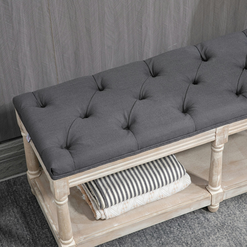 image 1 of HOMCOM 2-Tier Bed End Bench, Vintage Stool Button Tufted Window Seat Cream White Grey