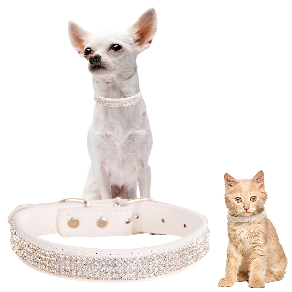 image 1 of Trimming Shop Diamante Dog Collar, PU Leather Pet Collar, Dog Belt