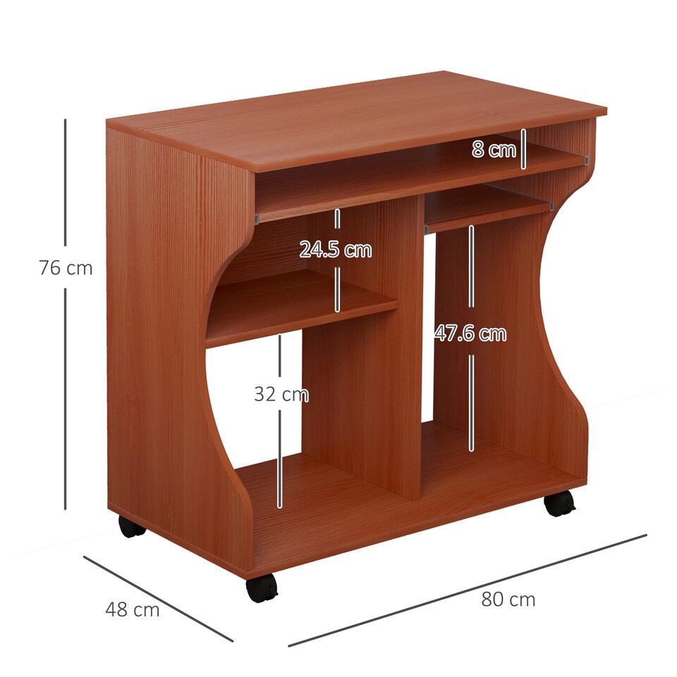 image 1 of HOMCOM Computer Desk with Sliding Keyboard Tray, Mobile Home Office Desk, Study Table with Storage Shelves, PC Desk on Wheels, Cherry Wood Colour