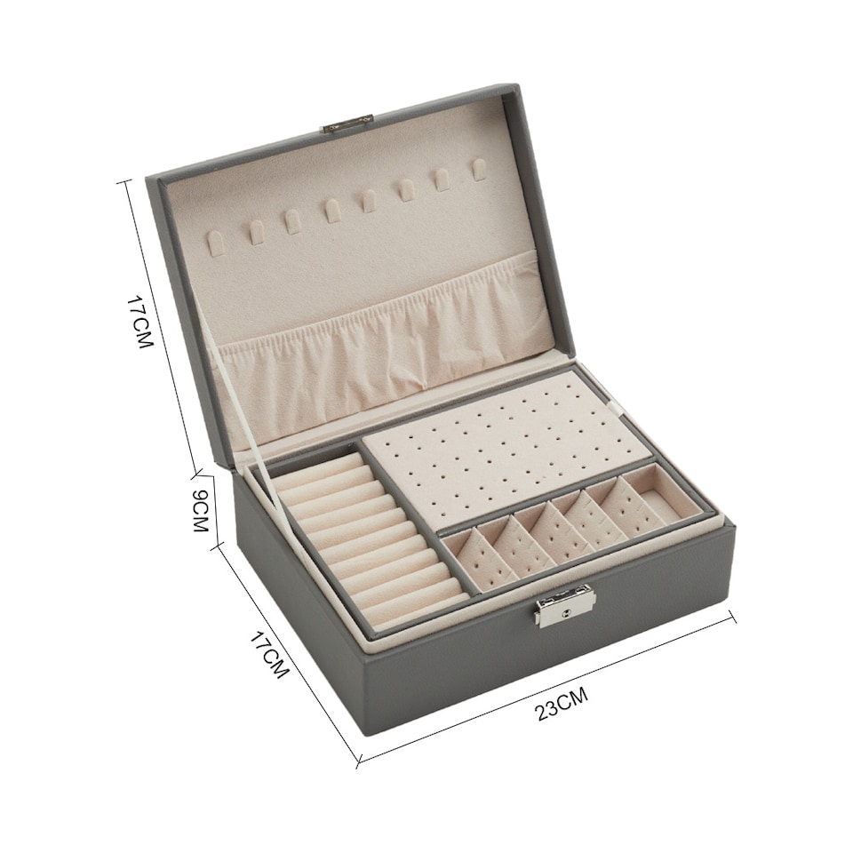 image 1 of Living and Home Lockable Double Tier Faux Leather Jewellery Organizer | Grey