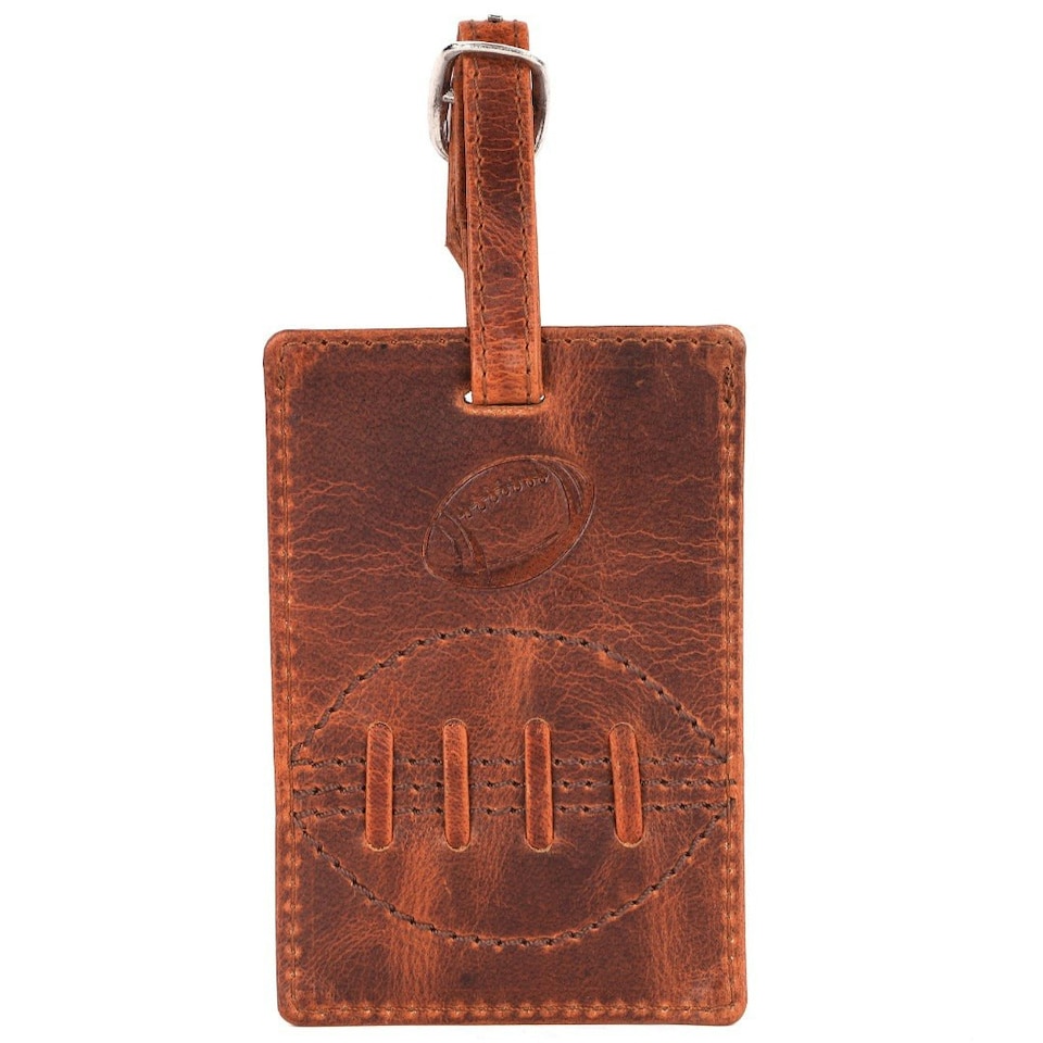 image 1 of SPORTGIFTZ - Buffalo Leather Rugby Luggage Tag | Rugby Ball Stitching Red