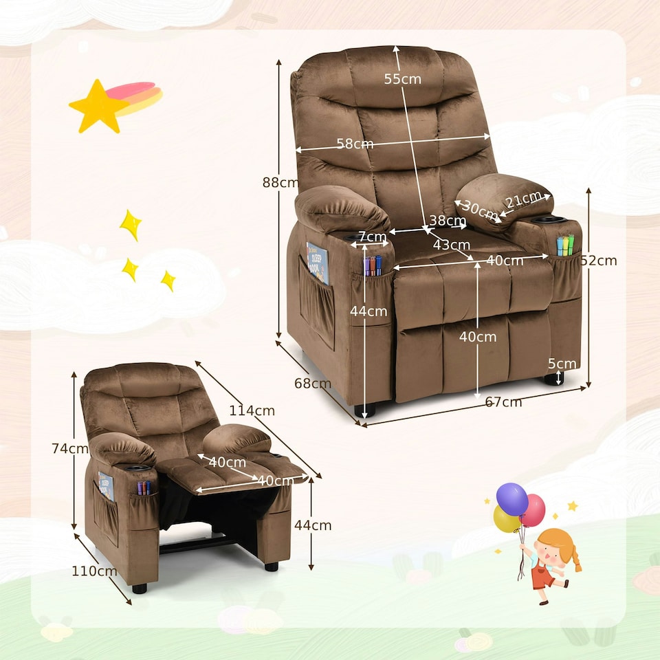 image 1 of COSTWAY Kids Recliner Chair Velvet Adjustable Sofa Chair Coffee Brown