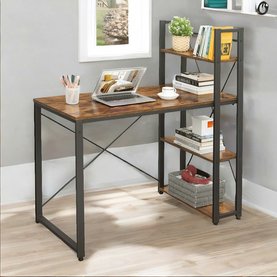 image 1 of 97CM Wide Computer Desk With 3 Shelves Rustic Brown Brown