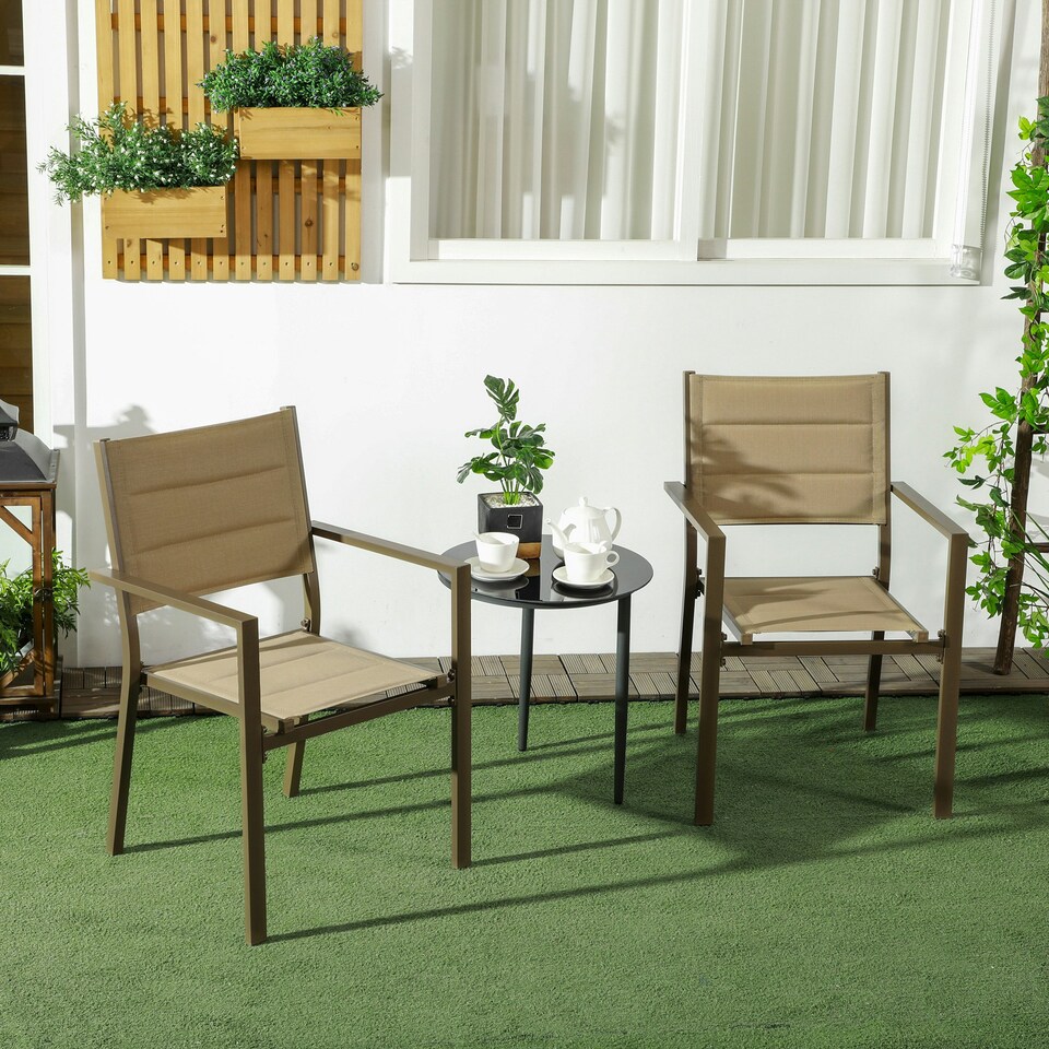 image 1 of Outsunny 2 PCs Dining Chairs, Stackable Design Aluminium Outdoor Armchairs Khaki
