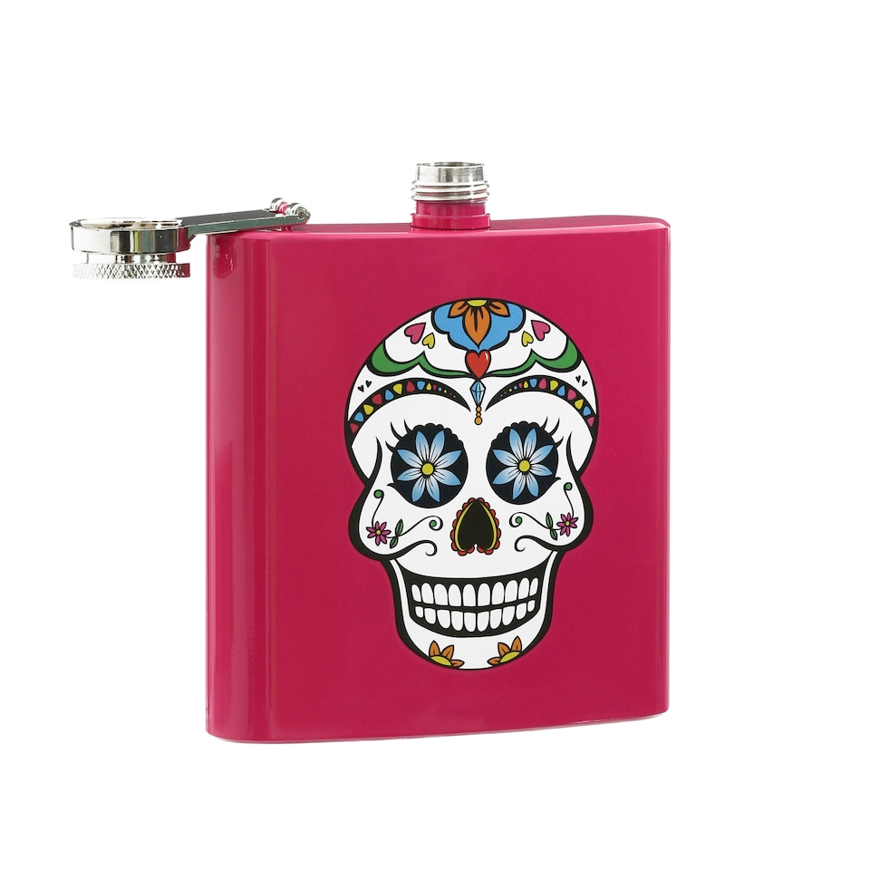 image 1 of Interiors by Premier Pink Hip Flask With Skull Design, 5oz Stainless Steel Flask With Fun Printed Graphic, Screw Cap