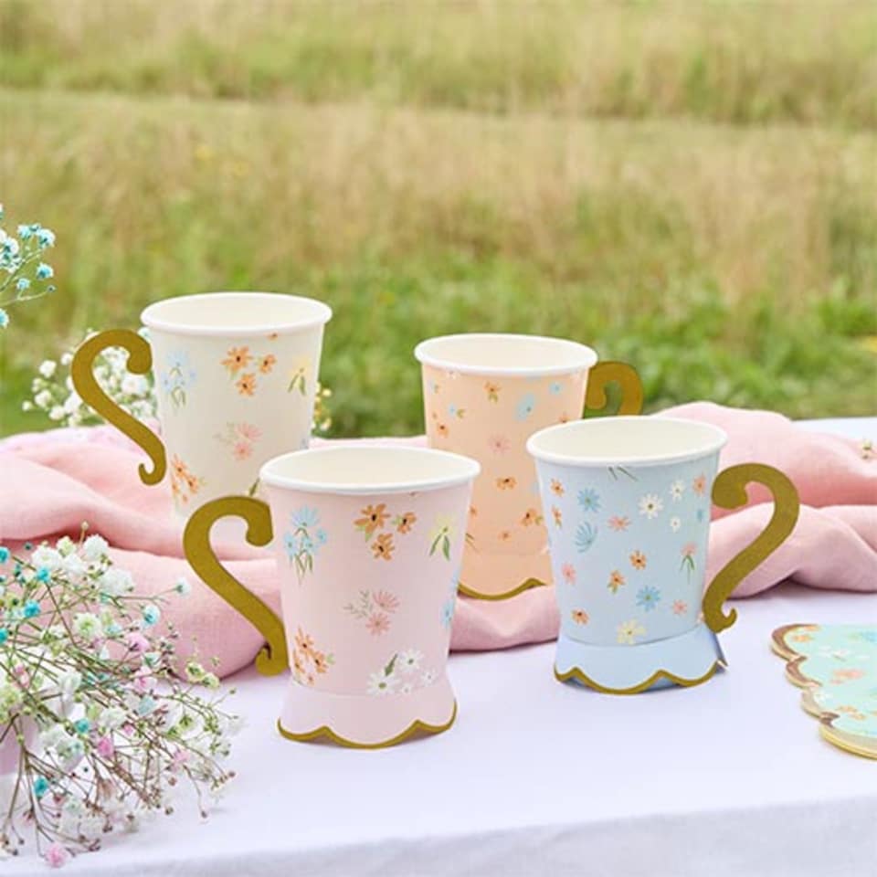 image 1 of Assorted Pastel Floral Tea Party Paper Cups 250ml - Pack of 8