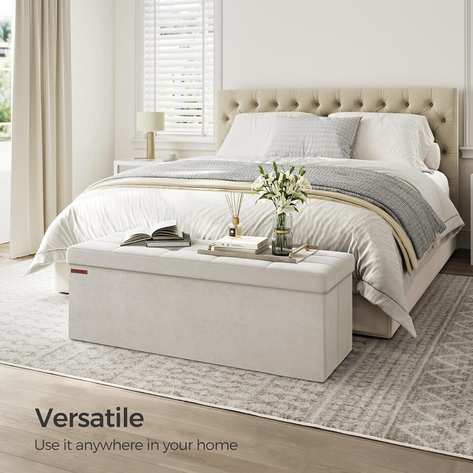 image 1 of Storage Ottoman with Extended Hidden Storage Space, Foldable Velvet Fabric Bench, 110 cm, Cream White