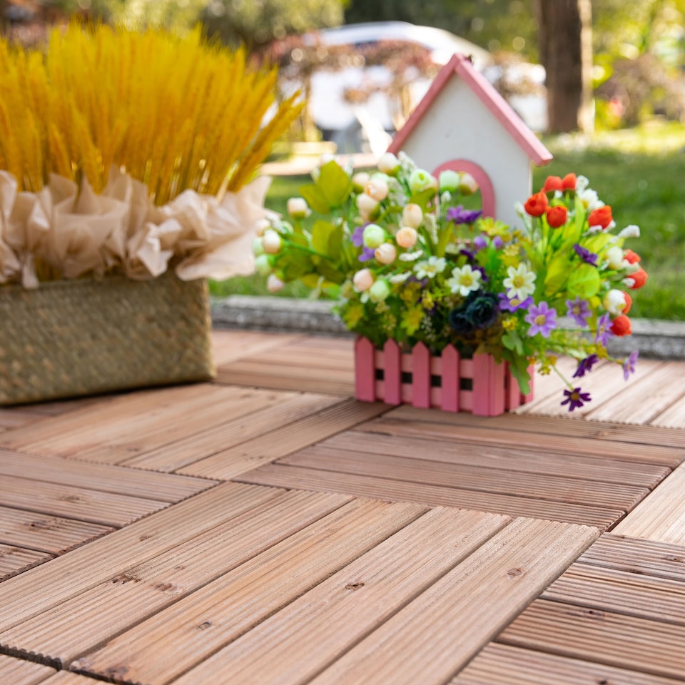 image 1 of Outsunny 27pc Floor Tiles Interlocking Solid Wood DIY Deck Tiles Outdoor Brown