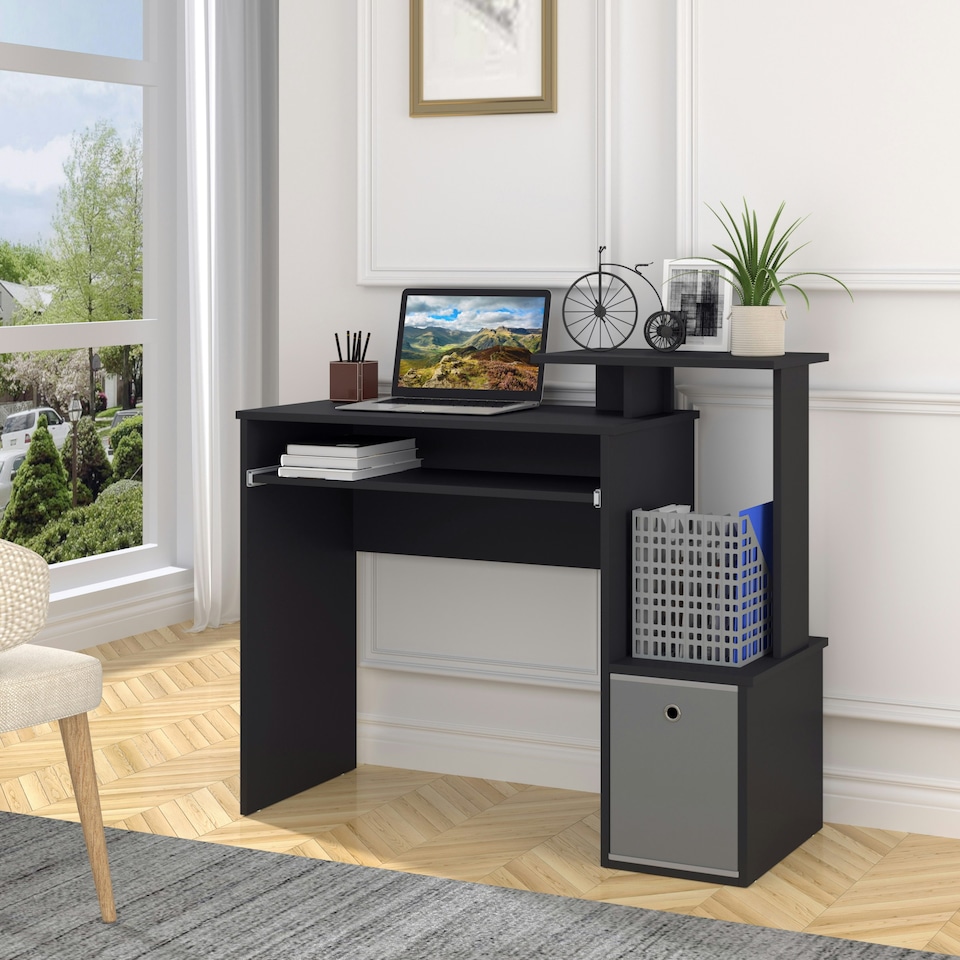 image 1 of HOMCOM Computer Desk with Sliding Keyboard Tray Storage Drawer Shelf Black