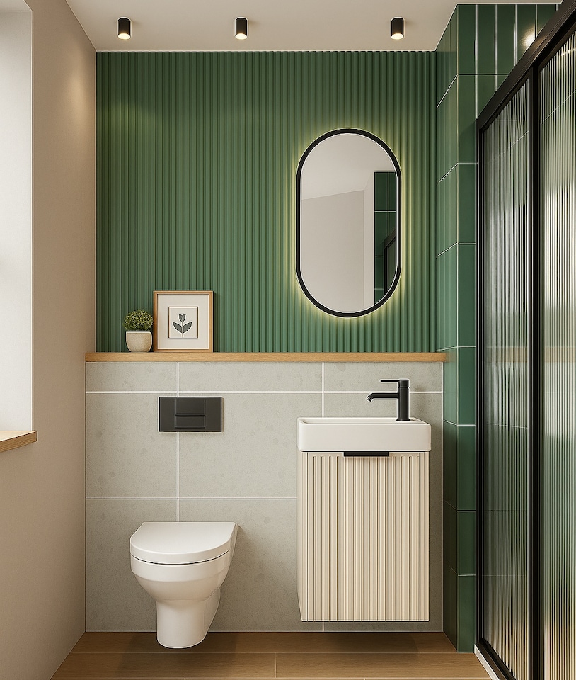 image 1 of Bathroom Vanity Unit 400mm Beige Wall Sink Cabinet Cloakroom Basin Slimline Fluted Cashmere Modern Small Unit with Sink Adel