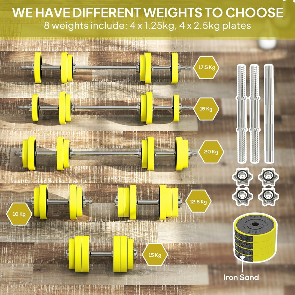 image 1 of HOMCOM Adjustable 20KGS Barbell & Dumbbell Set for Home Gym, Yellow Standard