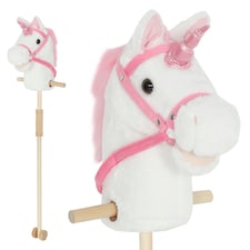 AIYAPLAY Stick Horse w Wood Wheels, Pony Neighing, Galloping Sounds White