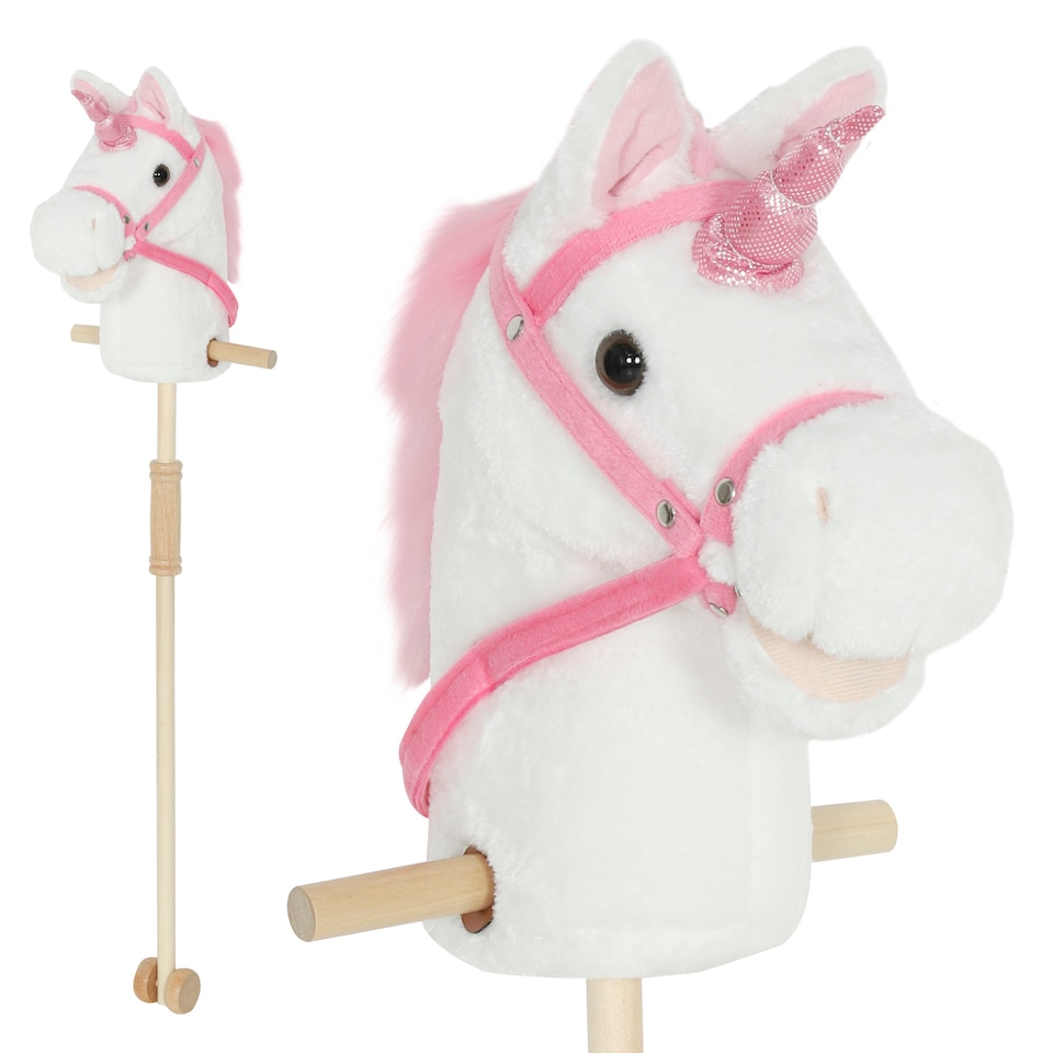 image 1 of AIYAPLAY Stick Horse w Wood Wheels, Pony Neighing, Galloping Sounds White