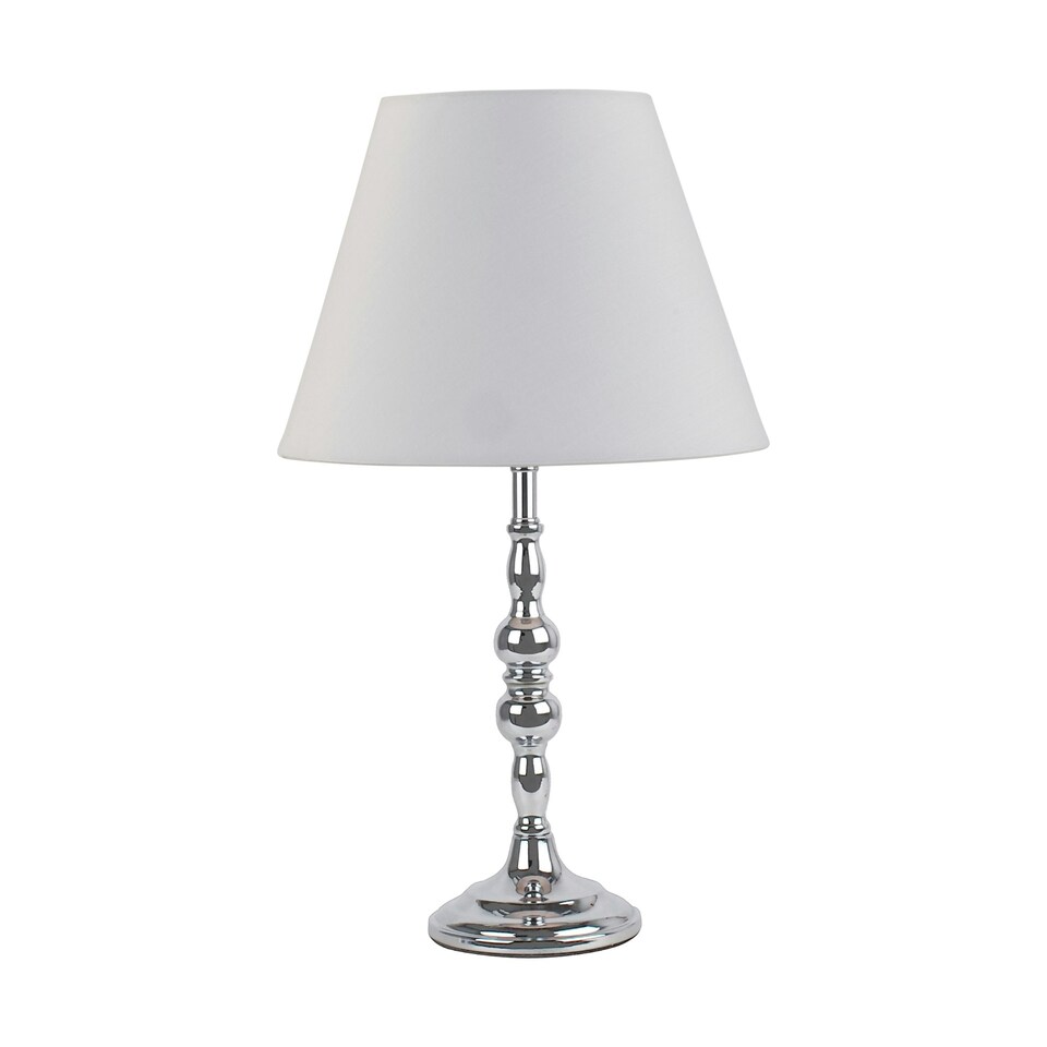image 1 of Set of 2 Chrome Table Lamps with Decorative Stem and Ivory Shades Chrome | White