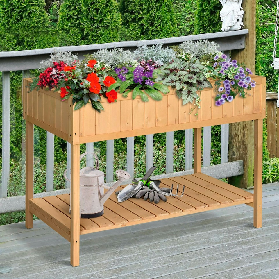 image 1 of Outsunny Wooden Herb Planter Stand 8 Cubes Bottom Shelf Raised Bed Brown | Brown | Brown