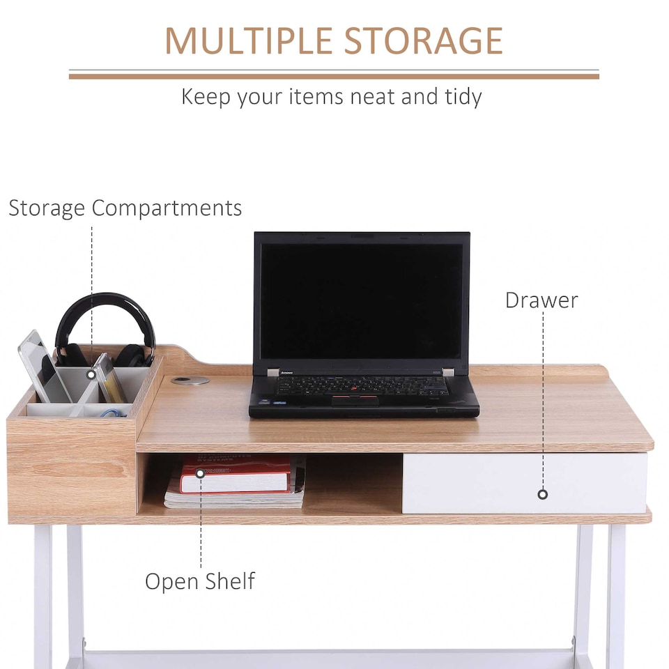 image 1 of HOMCOM Computer Desk, Writing Desk, Study Workstation with Drawer, Storage Compartments, Cable Management, Laptop Table, Metal Frame, 100 x 55 x 81.5cm, Oak and White