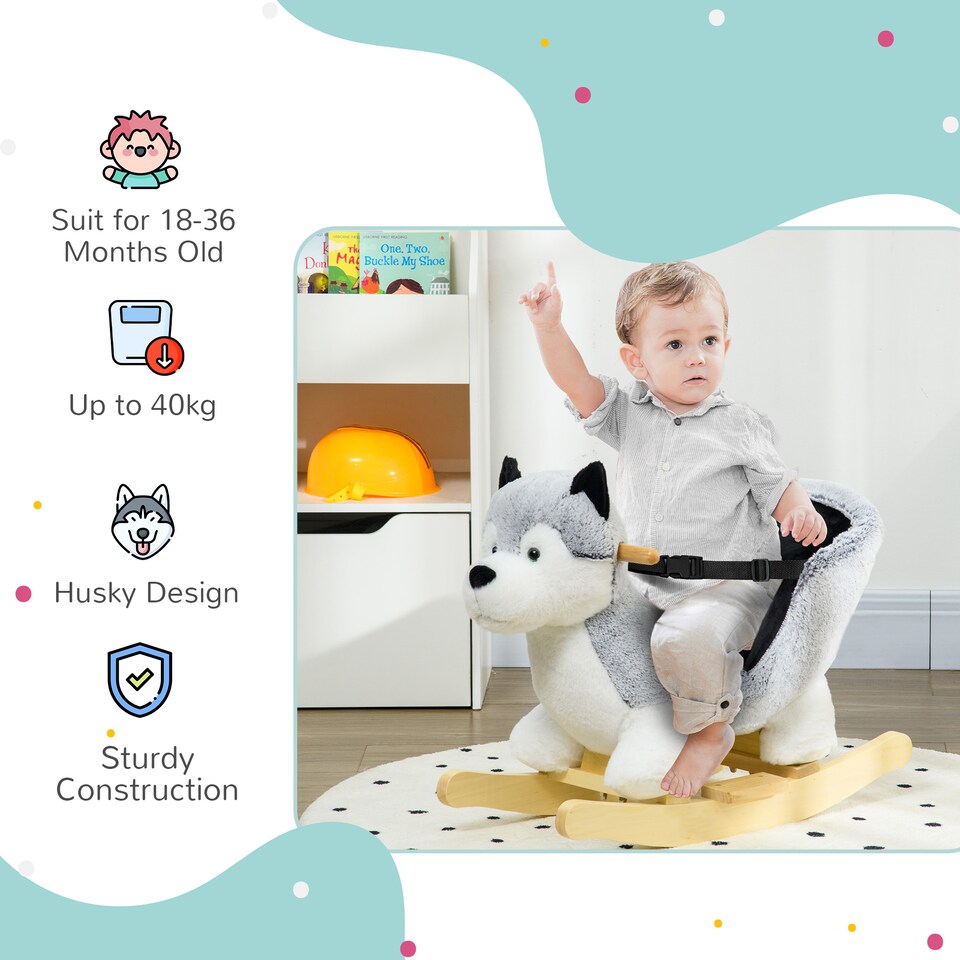 image 1 of HOMCOM Husky Baby Rocking Horse for Toddlers, Plush Wooden Child Rocking Animal with Sound, Seatbelt, Gift for Ages 18-36 Months, Kids Ride-On Toy for Indoor Use - Grey