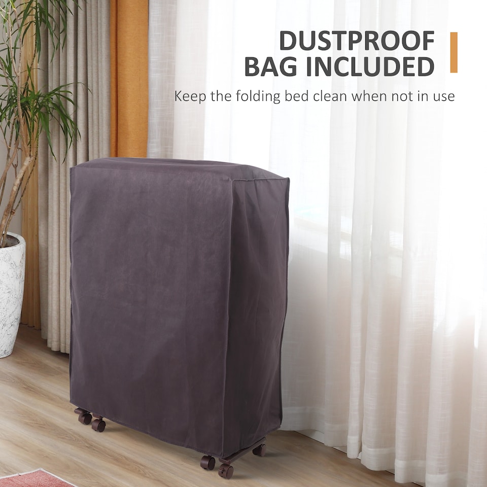 image 1 of HOMCOM Folding Bed with Mattress, Single Guest Bed, Portable Fold Bed with Adjustable Backrest, Metal Frame on Wheels, White, 190 x 76 cm