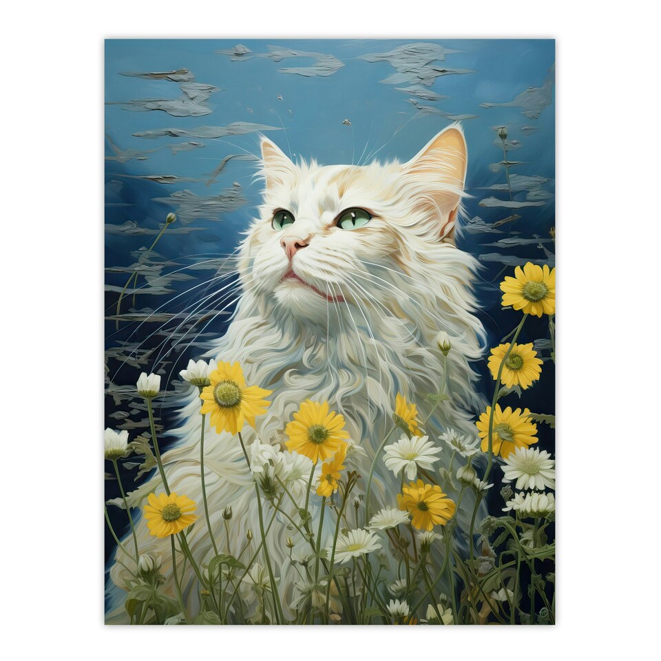 image 1 of White Cat Wildflowers Floral Meadow Oil Black Framed Wall Art Print A4