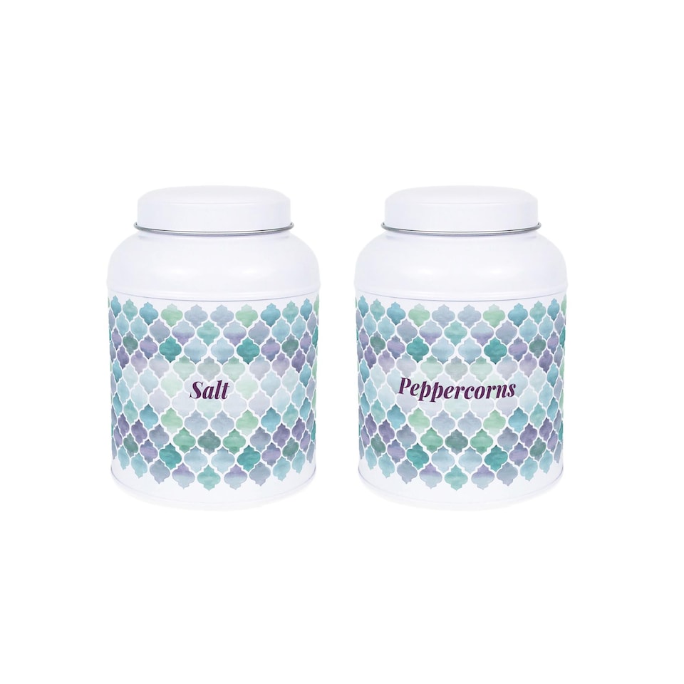 image 1 of Arabesque Tile Salt & Peppercorn Canisters - Small Kitchen Seasoning Jars