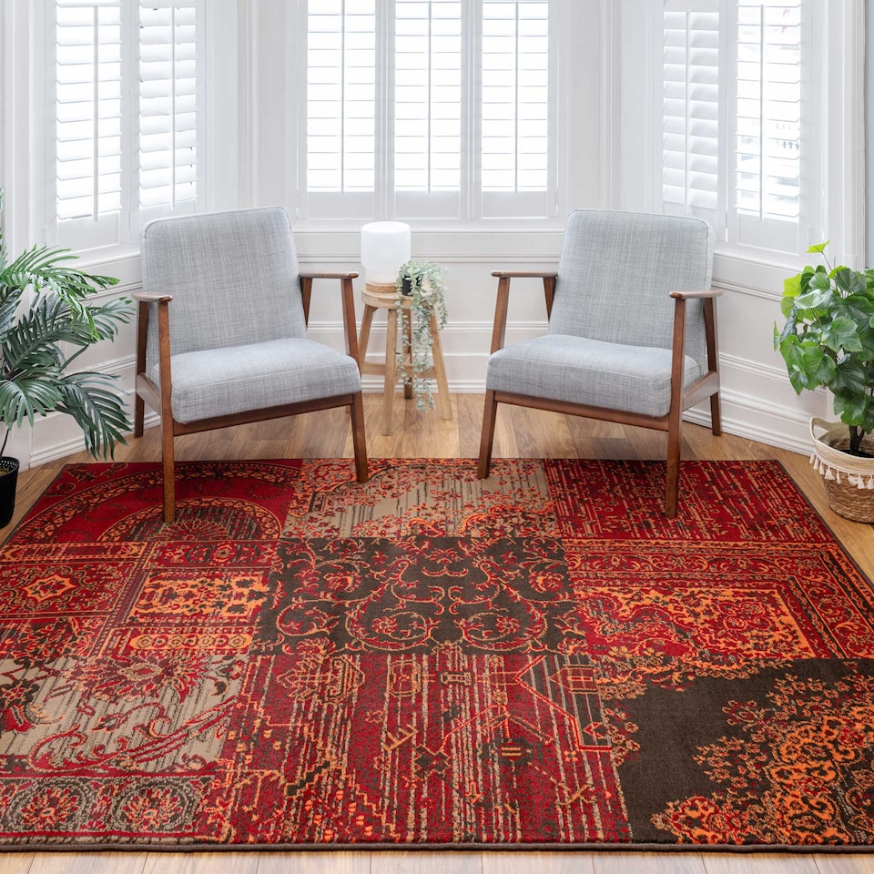 image 1 of KUKOON Red Brown Traditional Patchwork Living Area Rug 120cm x 170cm
