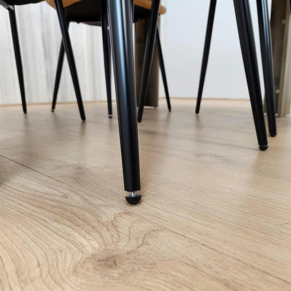 image 1 of Dining Table and 4 Chairs Rustic Effect Table with 4 Mustard Gem Patterned Chairs Brown