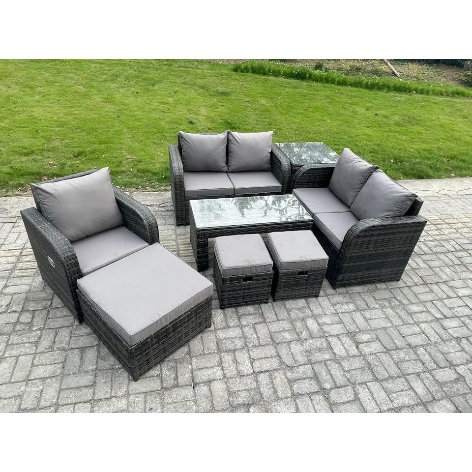 image 1 of Fimous 8 Seater Rattan Outdoor Garden Furniture Sofa Set Patio Table & Chairs Set with Side Table 3 Footstools Dark Grey Mixed