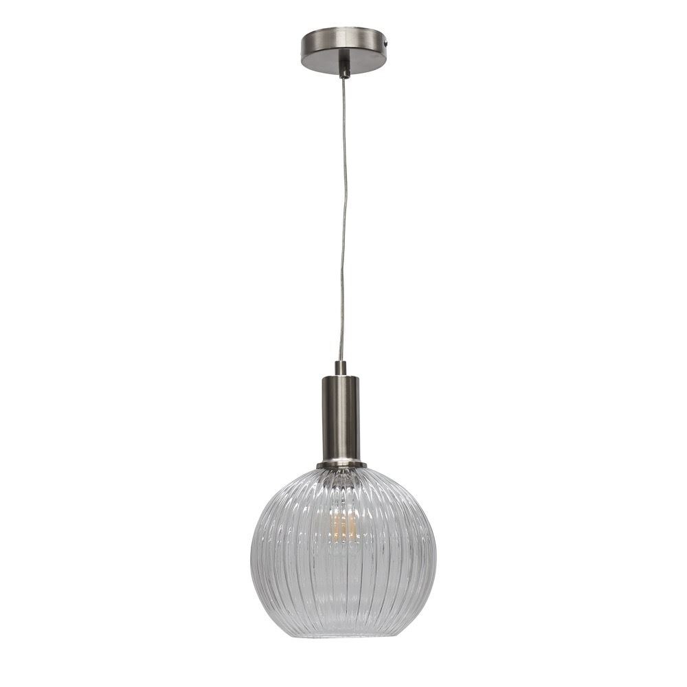 First Choice Lighting Betchley - Clear Ribbed Glass Globe Satin Nickel Deco Pendant Fitting