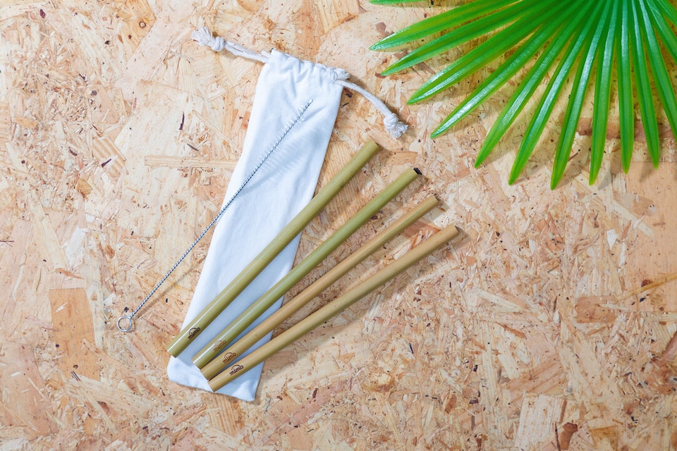 image 1 of Mimo Set Of 4 Bamboo Straws with Cleaning Brush