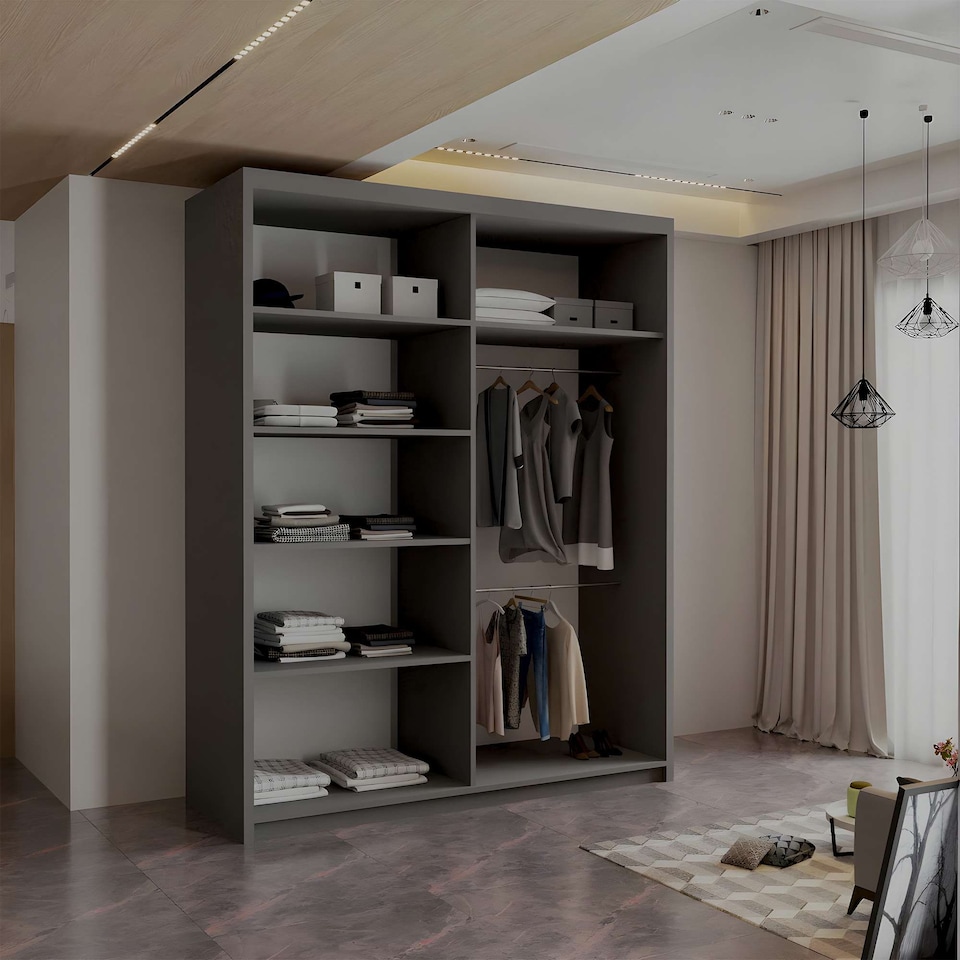 image 1 of Sliding Wardrobes 4U Modern Vertical Panelled Mirror Sliding Wardrobe – 150cm to 250cm, White, Black, Grey, Oak | Grey | Grey 150cm